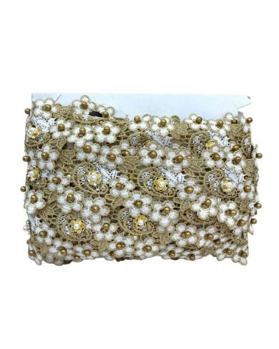 50 Cm Passamaneria Macramè Pizzo Bordo Tramezzo Smerlato Ritagliabile Bianco Oro Lurex Perline Fiore Alto 8 Cm
