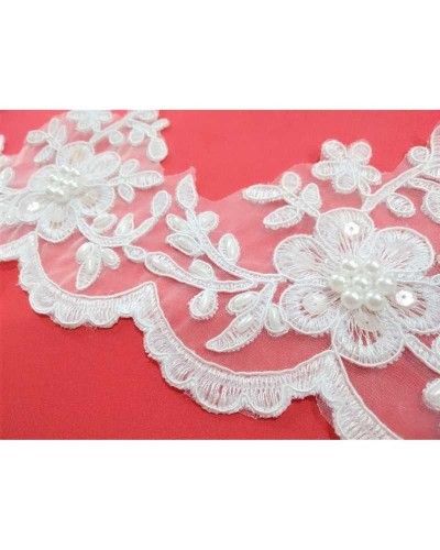50 Cm Pizzo Bianco Organza Perle Chicchi Riso Paillettes Alto 11 Cm
