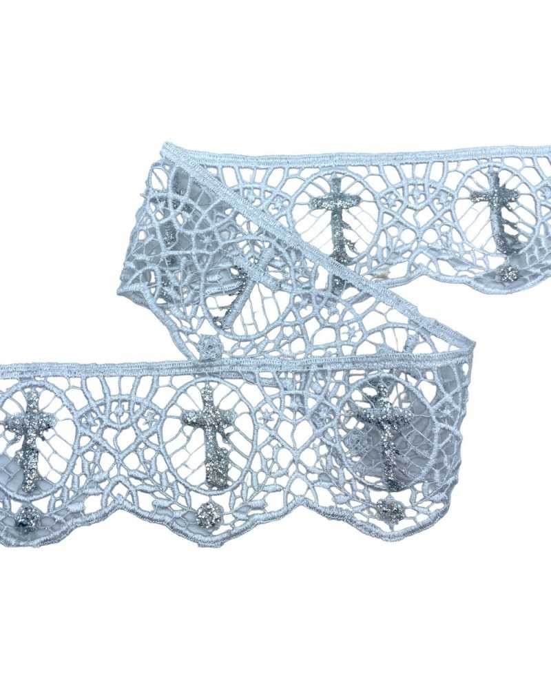 Passamaneria Merletto Macramè Pizzo Bianco Sacro Croce Glitter Argento Alto 8 Cm