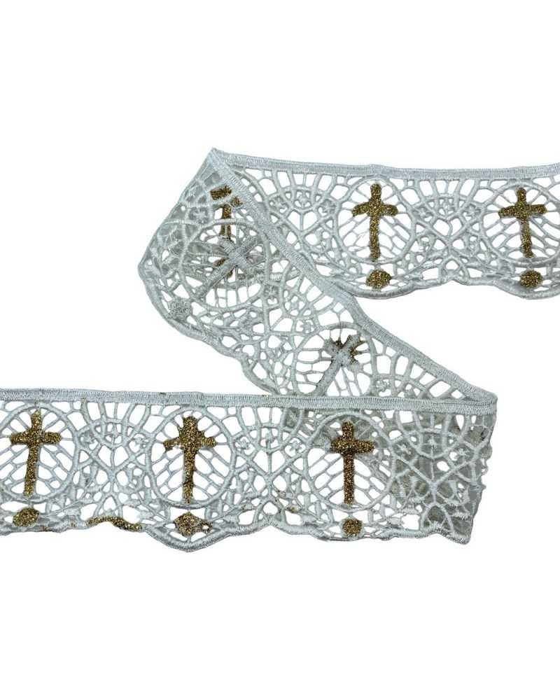 Passamaneria Merletto Macramè Pizzo Avorio Sacro Croce Glitter Oro Alto 8 Cm