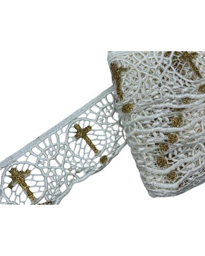 Passamaneria Merletto Macramè Pizzo Avorio Sacro Croce Glitter Oro Alto 8 Cm
