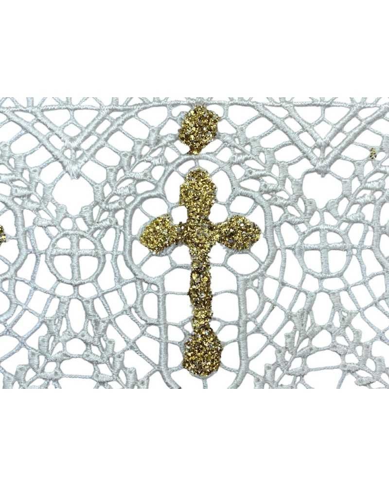 Macramè Pizzo Panna Sacro Con Croce Glitterata Oro Alto 13 Cm