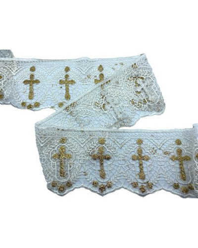 Macramè Pizzo Panna Sacro Con Croce Glitterata Oro Alto 13 Cm