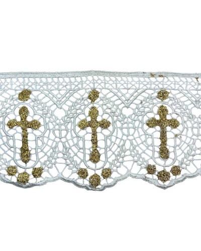 Macramè Pizzo Panna Sacro Con Croce Glitterata Oro Alto 13 Cm