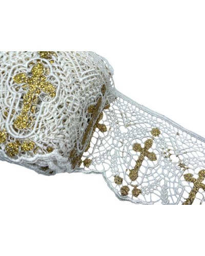 Macramè Pizzo Panna Sacro Con Croce Glitterata Oro Alto 13 Cm