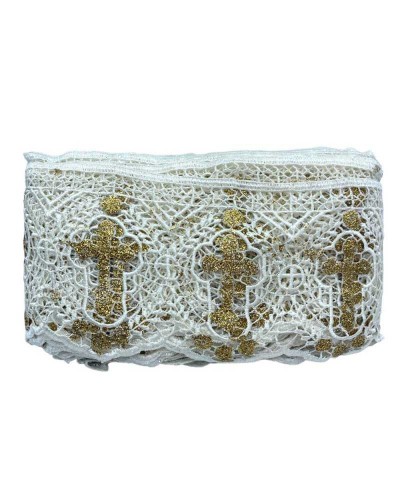 Macramè Pizzo Panna Sacro Con Croce Glitterata Oro Alto 13 Cm