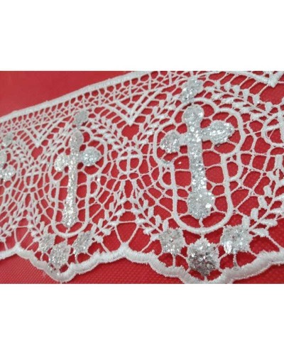 Passamaneria Merletto Macramè Pizzo Bianco Sacro Croce Glitter Argento Alto 13 Cm