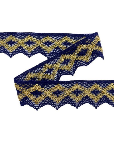 Passamaneria Merletto Cotone Blu Oro Lurex Pizzo Punta Alto 35 Mm