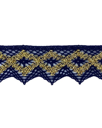 Passamaneria Merletto Cotone Blu Oro Lurex Pizzo Punta Alto 35 Mm