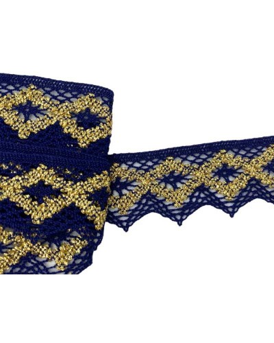 Passamaneria Merletto Cotone Blu Oro Lurex Pizzo Punta Alto 35 Mm