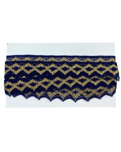 Passamaneria Merletto Cotone Blu Oro Lurex Pizzo Punta Alto 35 Mm