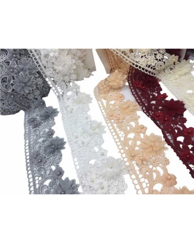 50 Cm Passamaneria Moda Macramè Fiori Tessuto Chiffon Raso Perla Cucita Alto 8 Cm