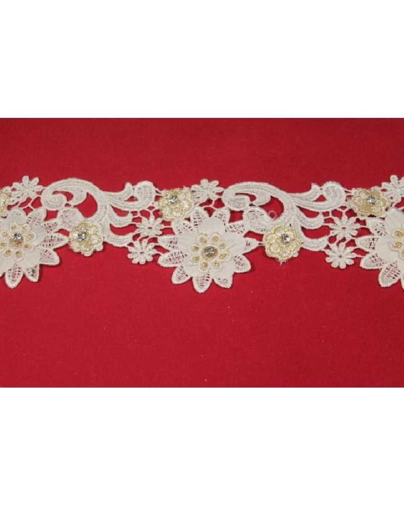 50 cm Passamaneria Macramè Pizzo Bordo Tramezzo Smerlo Ritaglio Bianco Oro Perline Fiore Alto 7 Cm
