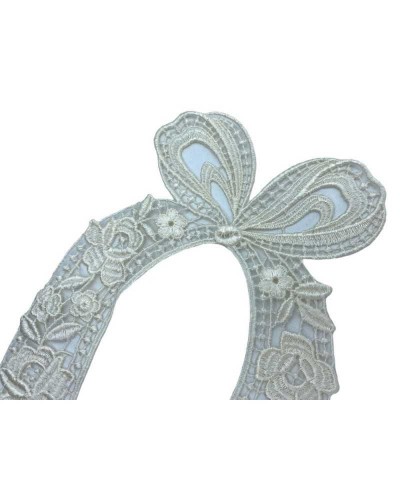 Applicazione Centrino Ovale Macramè Ricamo Fiore Fiocco Bianco Latte Cm 21x12