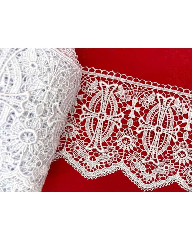 50 Cm Passamaneria Macramè Pizzo Ricamo Sacro Croce Fiori Smerlato Bianco Alto 14 Cm