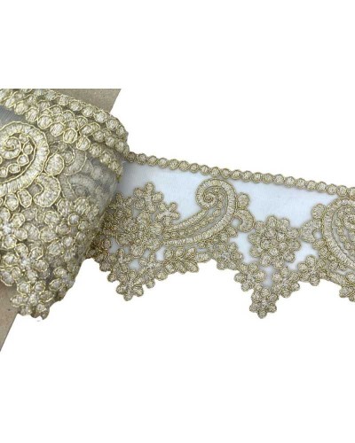 50 Cm Passamaneria Macramè Pizzo Bordo Smerlato Ritagliabile Avorio Filo Oro Lurex Alto 9 Cm