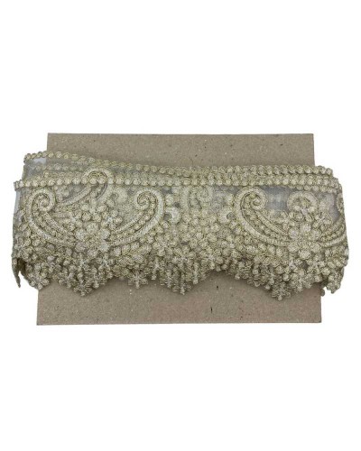50 Cm Passamaneria Macramè Pizzo Bordo Smerlato Ritagliabile Avorio Filo Oro Lurex Alto 9 Cm