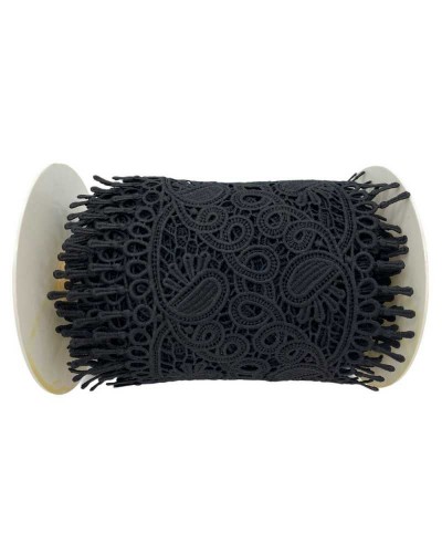 50 Cm Passamaneria Pizzo Macramè Tramezzo Ricamo Ghirigoro Nero Smerlo Sfrangiato Alto 13 Cm
