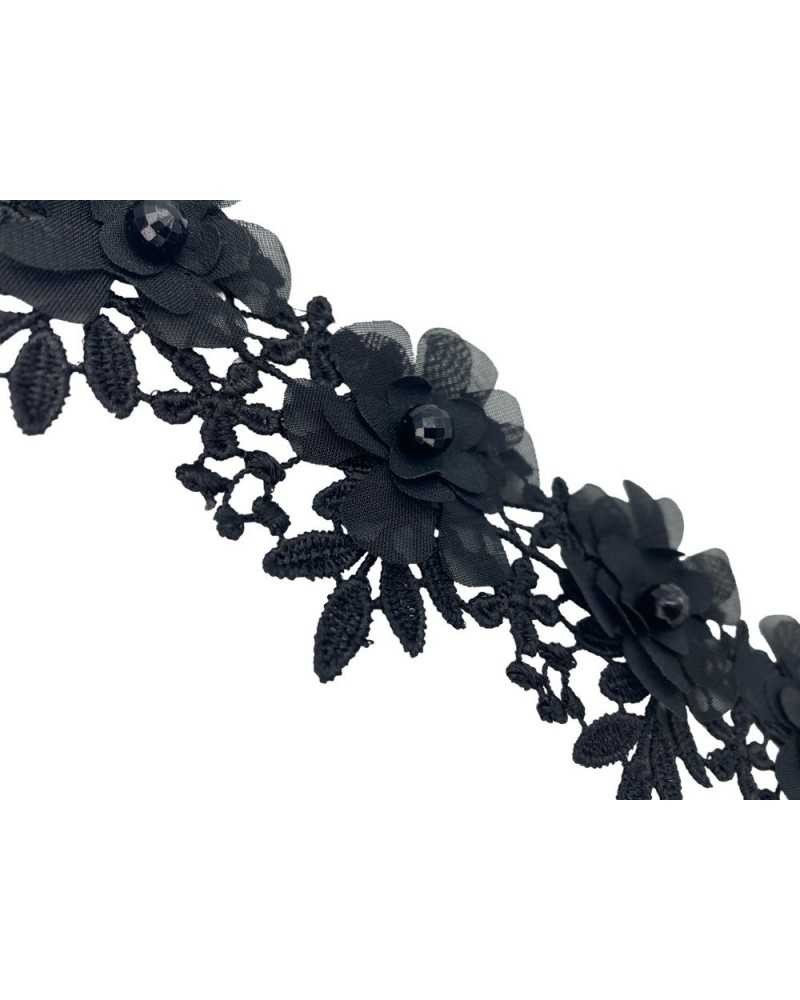 40 Cm Passamaneria Macramè Nero Fiore Georgette Perla Sfaccettata Alto 6 Cm