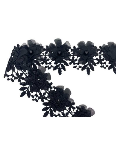 40 Cm Passamaneria Macramè Nero Fiore Georgette Perla Sfaccettata Alto 6 Cm