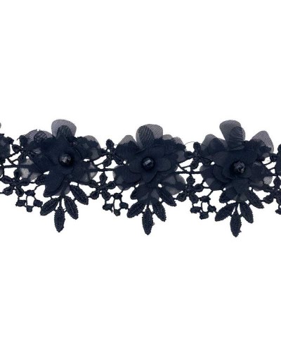 40 Cm Passamaneria Macramè Nero Fiore Georgette Perla Sfaccettata Alto 6 Cm