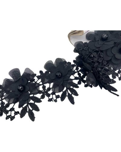 40 Cm Passamaneria Macramè Nero Fiore Georgette Perla Sfaccettata Alto 6 Cm