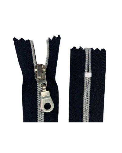 Cerniera Lampo Nero con Chiusura Zip Fissa Nylon Spirale Argento Lurex Catena 5 e Cursore Metallo Lunga 16 cm