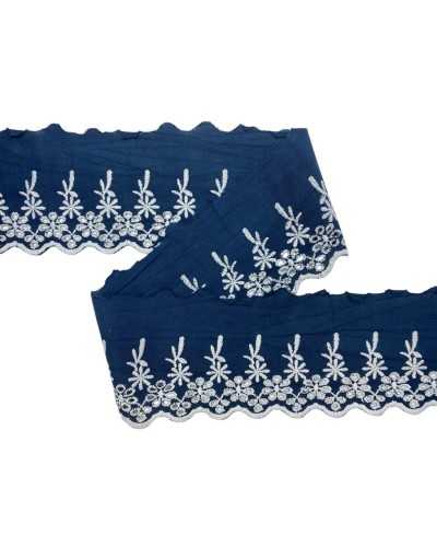 50cm Lace Trimmings Sangallo Embroidery White Flower With Blue Border Cotton Height 9 cm