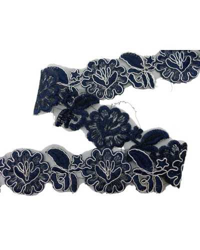 50 cm blaue Zutaten in blauer Organza mit silberner Stickerei - Höhe 4,5 cm