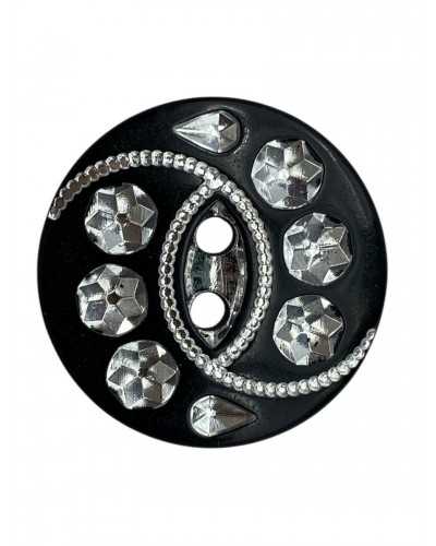 Black jewel button Ø 18 mm Lineated 28 plastic with silver rhinestones