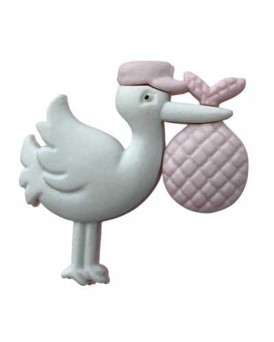 Decorative plastic button - white stork with pink bag - 3 cm