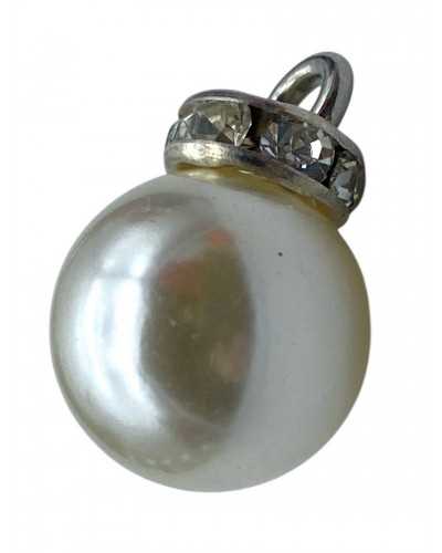 Bouton décoratif pendulaire - rond de nacre de perle - tige en métal argenté avec strass - Ø 13 mm