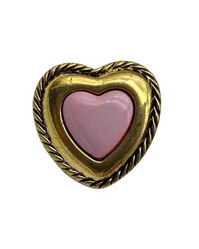 Decorative plastic button - gold and pink heart - with shank - 18 × 15 mm