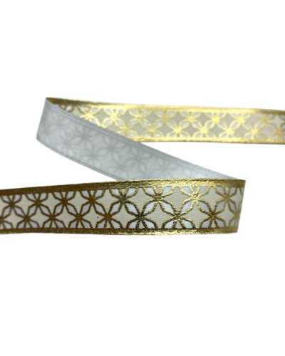Satin ribbon cream with gold print Lurex pattern origami height 15 mm