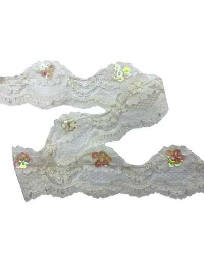 Pizzo Tulle Raschel Panna Ricamato Smerlato Paillettes Multicolor Sfaccettate Perlina Alto 4 Cm