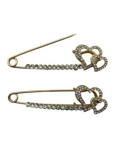 Broche Double Coeur Joyau avec 75 mm de fer et de verre doré de strass et de verre