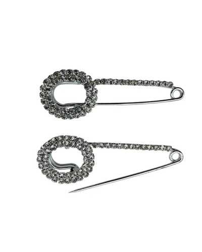Oval jewel brooch with silver rhinestone length 60 mm iron and glass