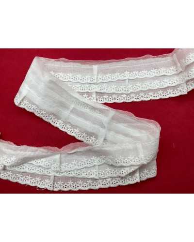 Passamaneria Pizzo Sangallo Arricciato 3 Balze Bianco Ricamo Stellina Alto 7,5 Cm