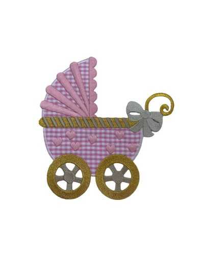 Application Iron-on Patch Embroidery Gold Lurex Thread Pram Heart Gingham Fabric 14 Cm