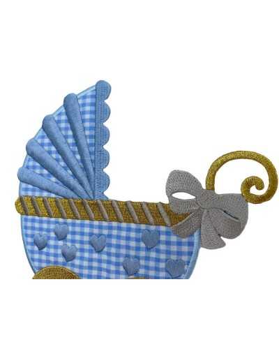 Application Iron-on Patch Embroidery Gold Lurex Thread Pram Heart Gingham Fabric 14 Cm