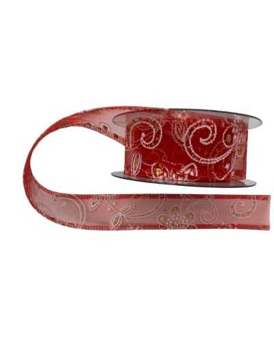 2 meters ribbon christmas red organza print flowers and lurex high cm 4