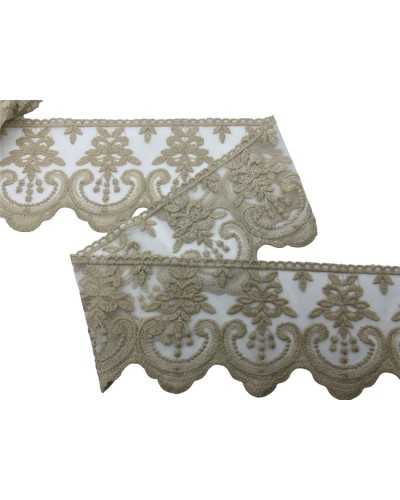 Passamaneria Merletto Tulle Ricamo Fiore Tortora 12 Cm