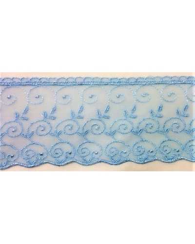Himmelblauer, gewellter Spitzentüll mit Stickerei, 10 cm hoch