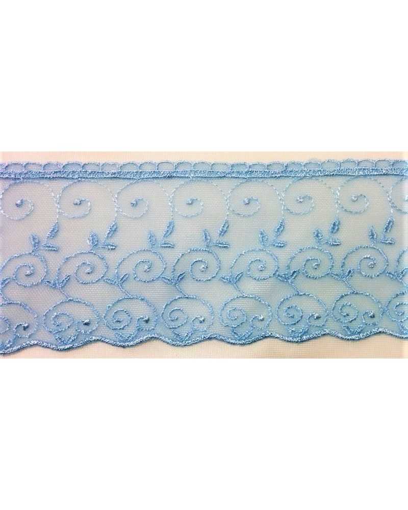 Sky blue scalloped point lace embroidered tulle 10 cm high