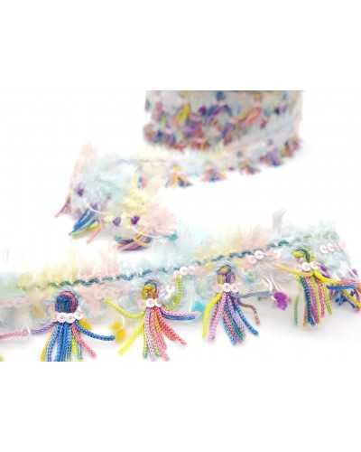 Passementerie Frange Fourrure Multicolore Cousu Paillettes Haut 3 Cm