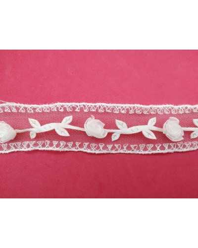 50 Cm Passamaneria Copripunto Panna Roselline Fiori Rami Base Tulle Alta 3 Cm