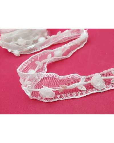 50 Cm Passamaneria Copripunto Panna Roselline Fiori Rami Base Tulle Alta 3 Cm