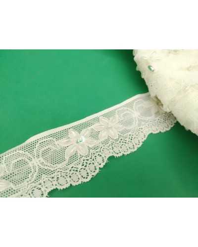 Elastischer Spitzen-Tüll, cremefarben, bestickt, gewellte Körner, Reis-Pailletten, Perle, Höhe 3 cm