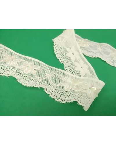 Cordón Elástico Tul Crema Bordado Granos Arroz Lentejuelas Abalorios Alto 3 Cm