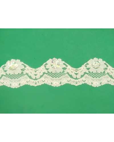 Spitzen-Tüll-Raschel, cremefarben, bestickte, überbackene Pailletten, mehrfarbige, facettierte Perle, Höhe 4 cm